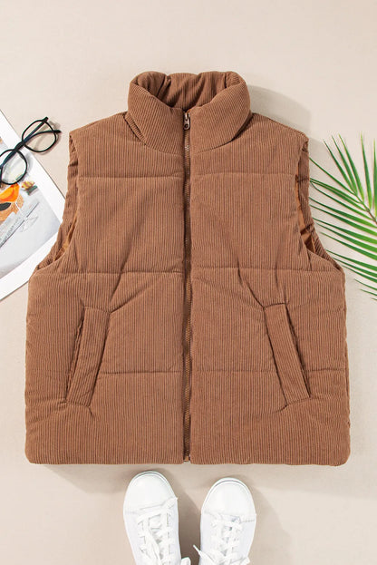 Coffee Corduroy Stand Neck Zipped Puffer Vest - Chic Meadow Boutique 