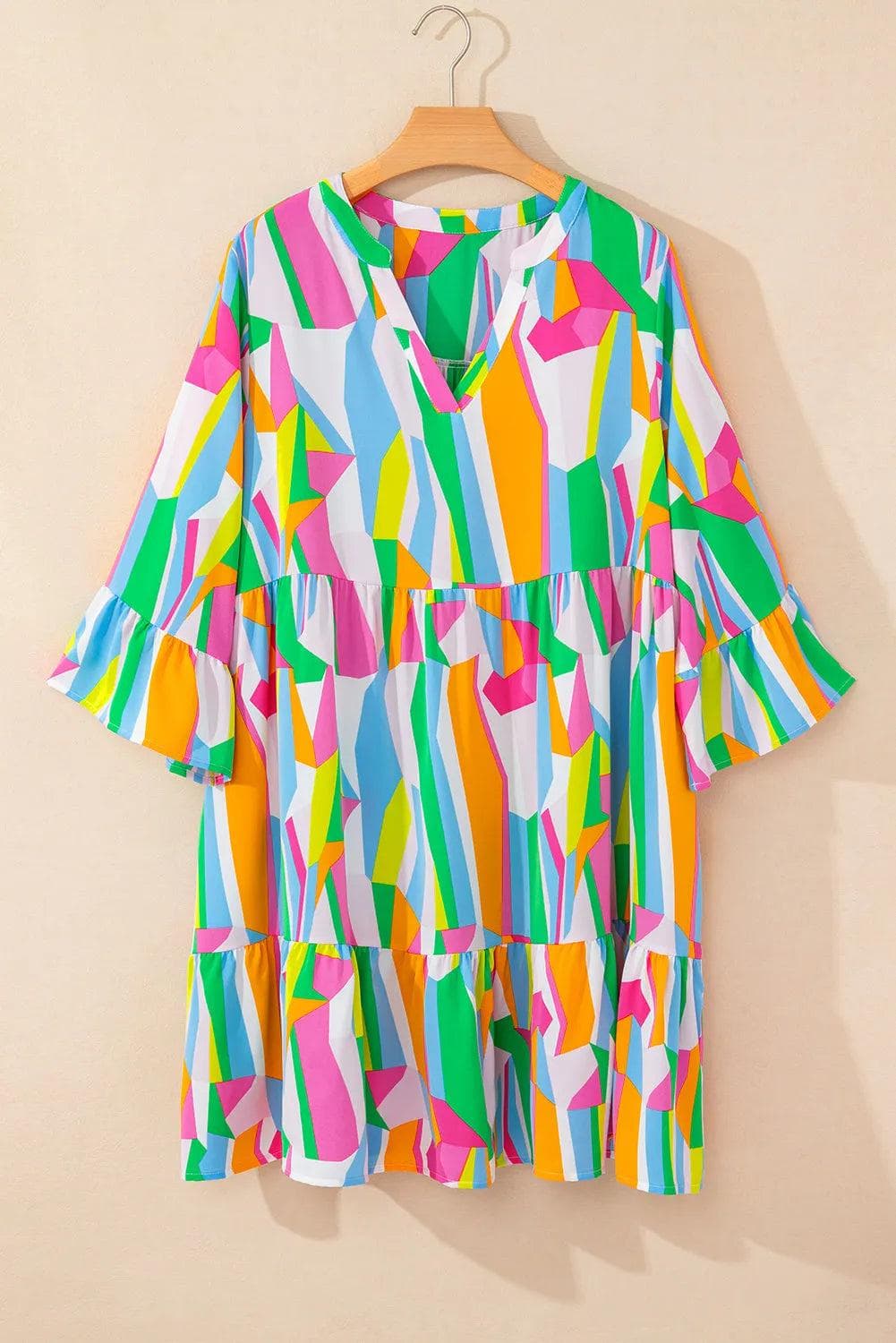 Plus Size/Plus Size Dresses/Plus Size Mini Dresses Multicolour / 1X / 100%Polyester Multicolour Plus Size Vibrant Abstract Print Tiered Ruffled Mini Dress