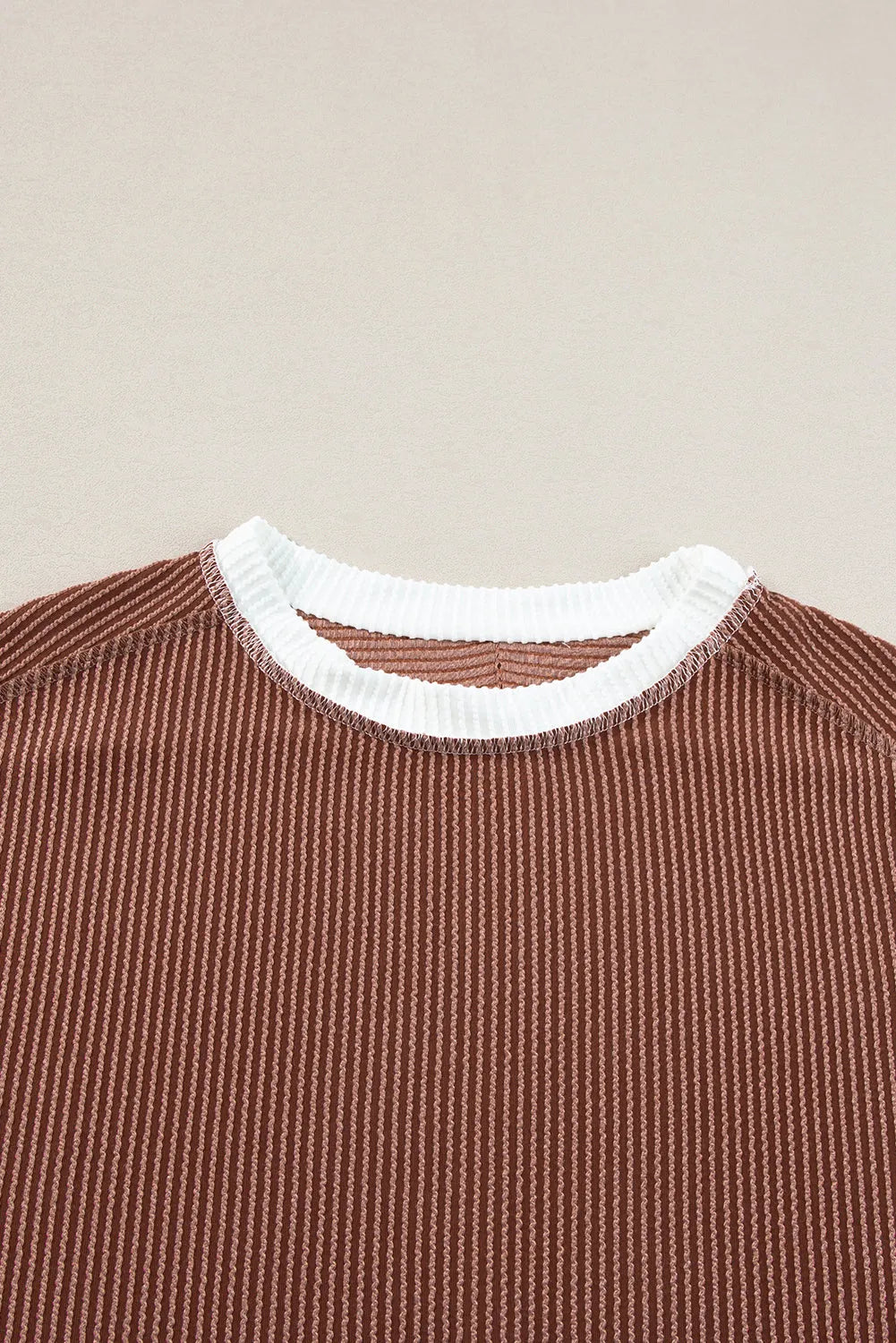 Coffee Textured Contrast Trim Round Neck T Shirt - Chic Meadow Boutique 