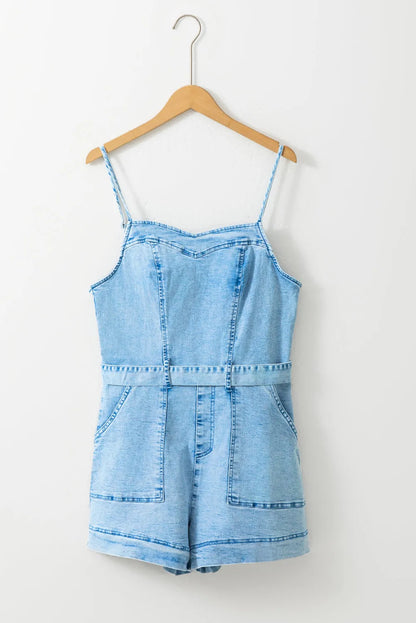 Beau Blue Spaghetti Straps Belted Denim Romper - Chic Meadow Boutique 