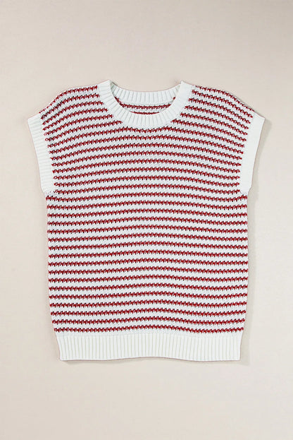 Red Stripe Ribbed Trim Loose Fit Knitted Sweater Vest - Chic Meadow Boutique 