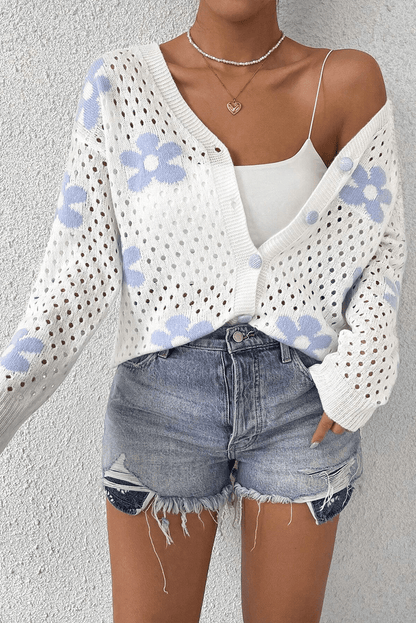 Sweaters & Cardigans/Cardigans White Flower Knit Hollow Out Open Short Cardigan