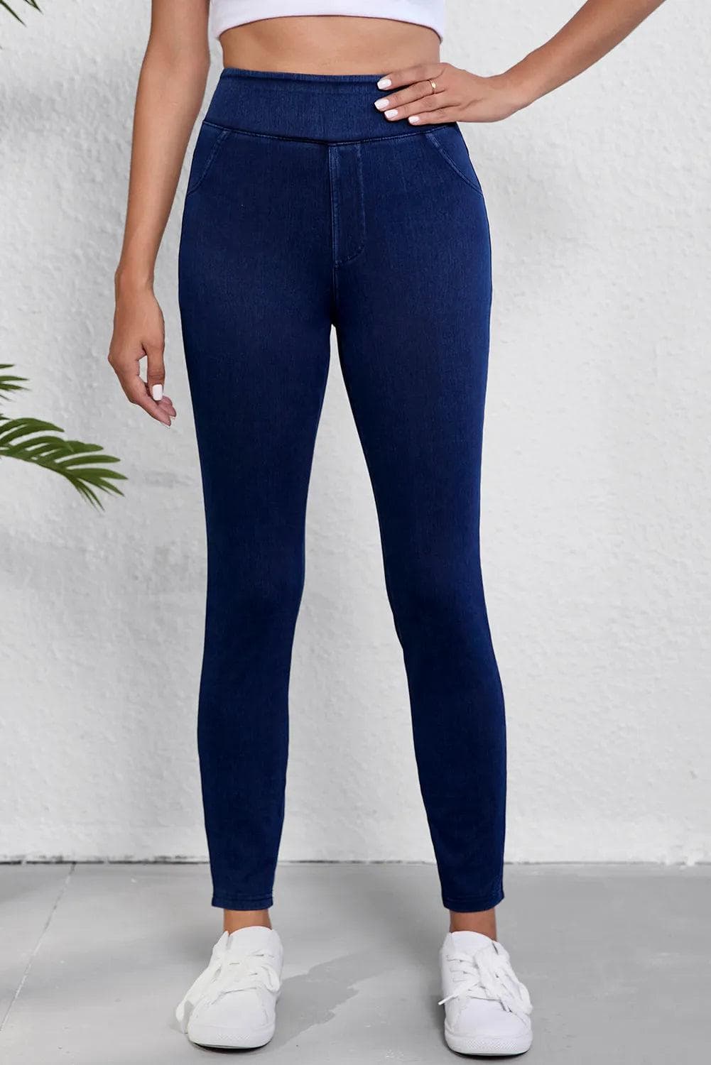 Bottoms/Leggings Ashleigh Blue / S / 47%Polyester+42%Cotton+11%Elastane Ashleigh Blue Solid Color High Waist Stretchy Slim Fit Jeggings