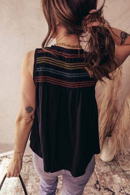 Black Colorful Shirred Yoke Notched V Neck Tank Top