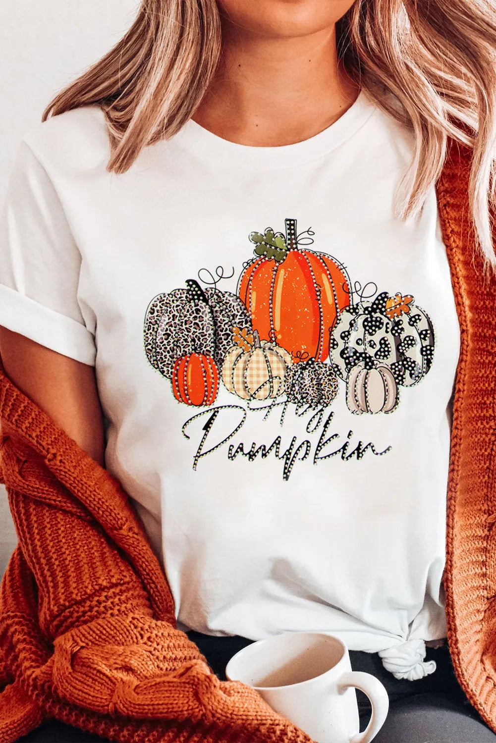 White Rhinestone Hey Pumpkin Graphic Thanksgiving Tee - Chic Meadow Boutique 