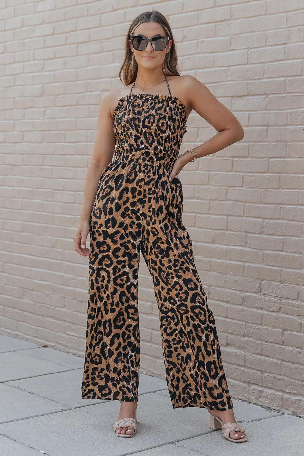 Leopard Print Halter Neck Backless Wide Leg Jumpsuit - Chic Meadow Boutique 