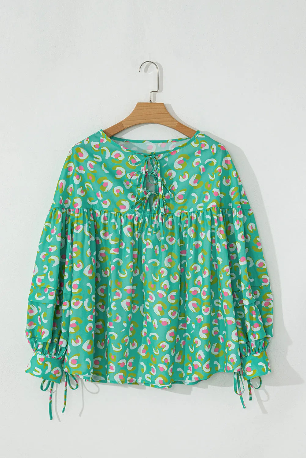 Green Abstract Printed Lace-up Lantern Sleeve Babydoll Blouse - Chic Meadow Boutique 