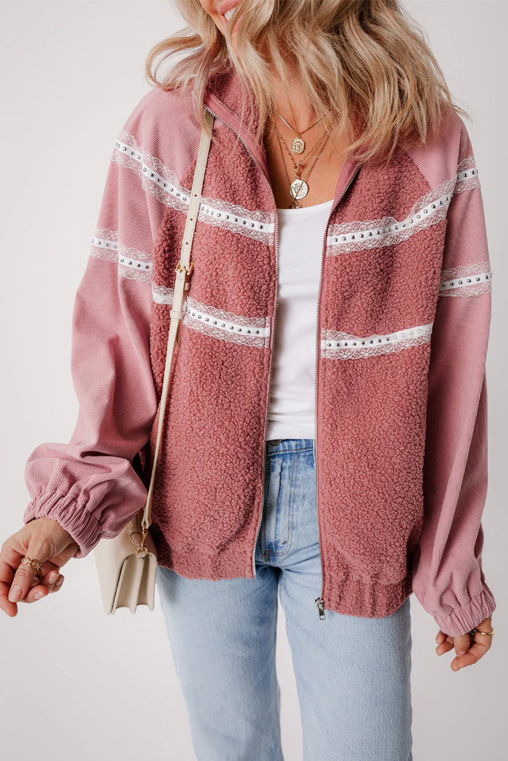 Rose Pink Sherpa Patchwork Lace Elastic Cuff Zip Up Jacket - Chic Meadow Boutique 