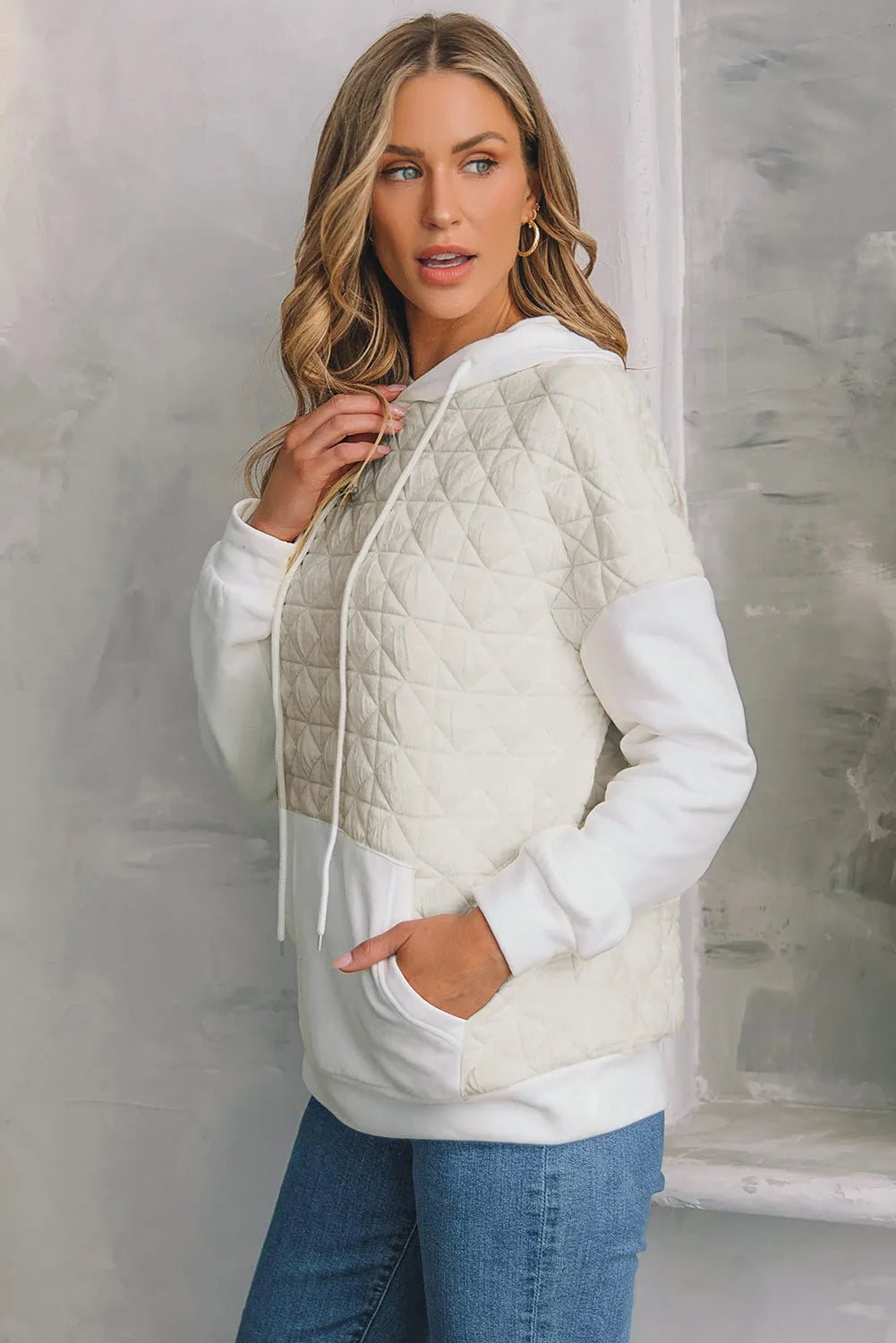 Beige Drop Shoulder Quilted Patchwork Kangaroo Pocket Hoodie - Chic Meadow Boutique 