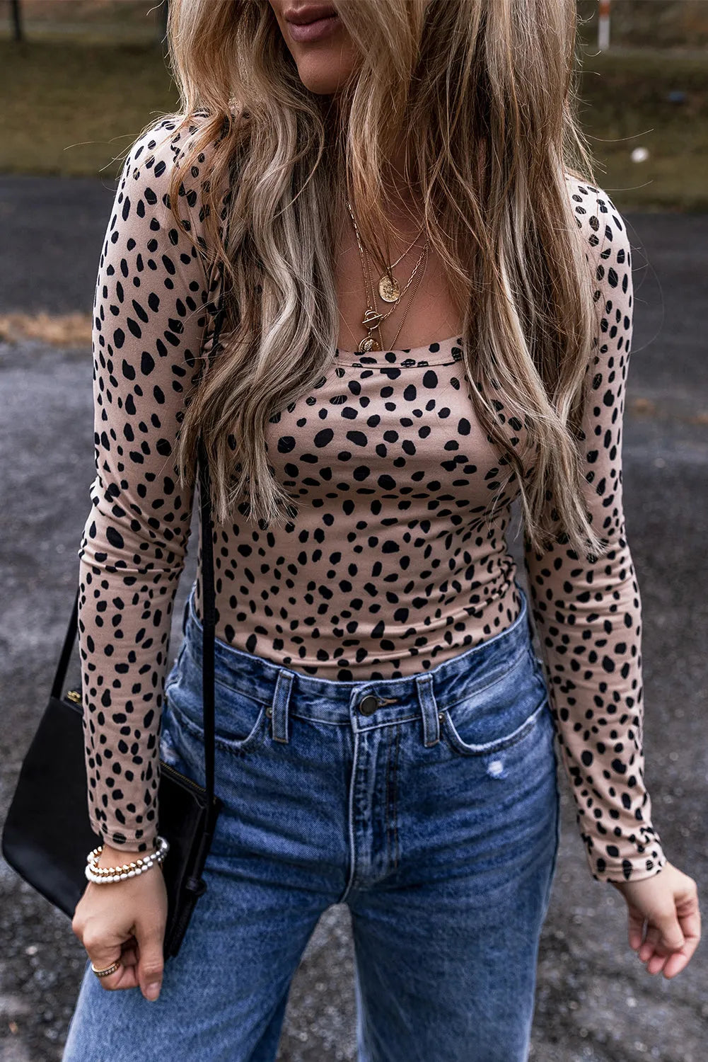 Smoke Gray Leopard Print Long Sleeve Scoop Neck Slim Fit Bodysuit - Chic Meadow Boutique 