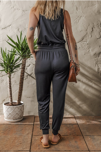 Black Casual Tank Style Tie Waist Pocketed Jogger Jumpsuit