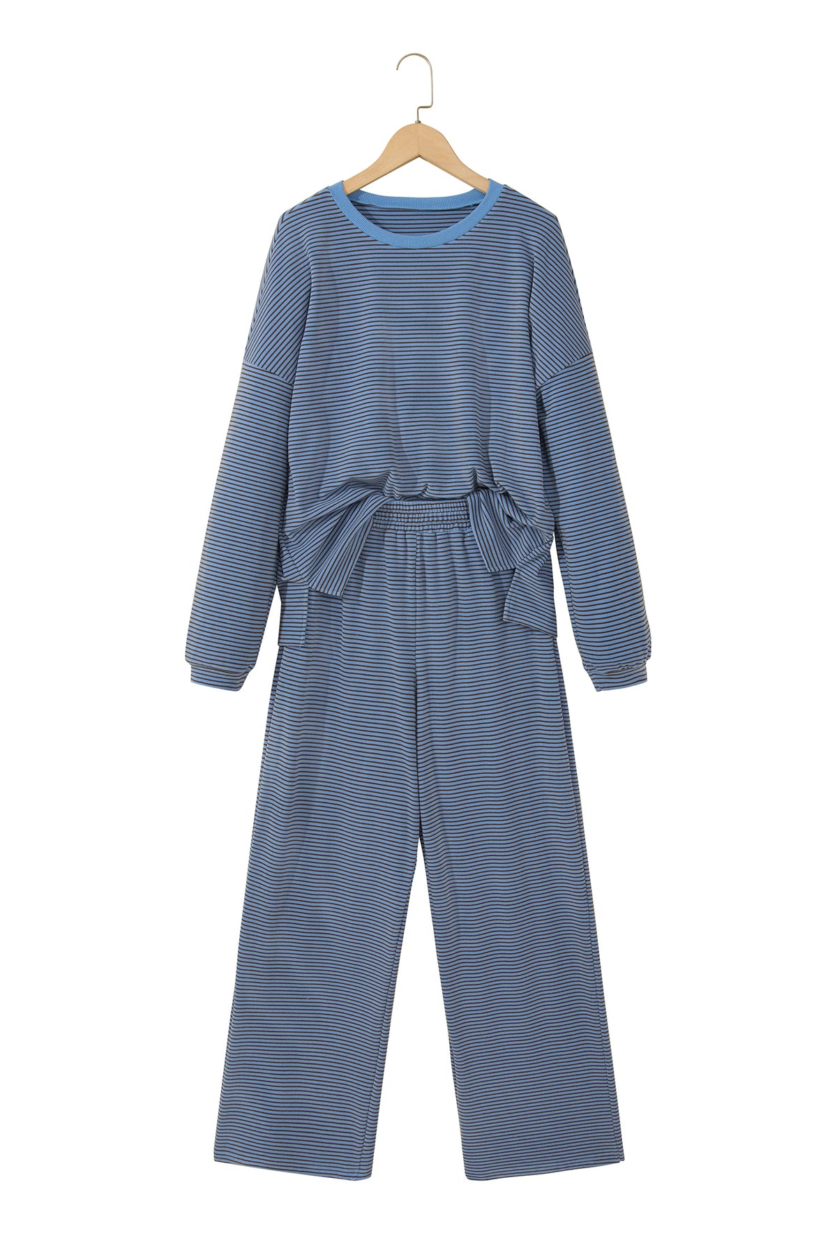 Blue Stripe Contrast Trim Round Neck Oversize Long Sleeve Top 2pcs Pant Set