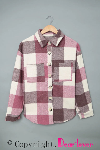 Plaid Color Block Buttoned Long Sleeve Jacket with Pocket - Chic Meadow Boutique 