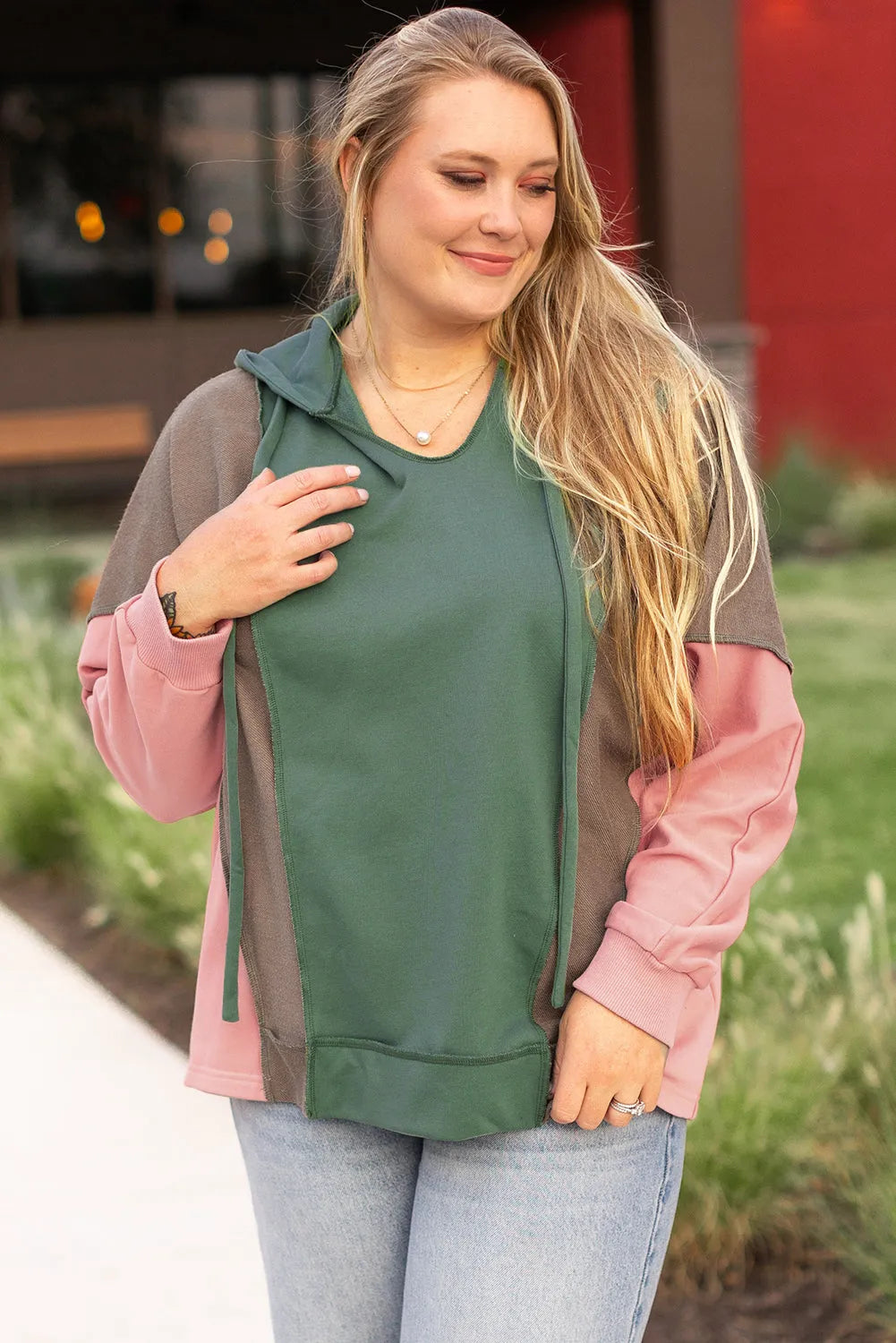 Breen Plus Size Colorblock Patchwork V Neck Hoodie - Chic Meadow Boutique 