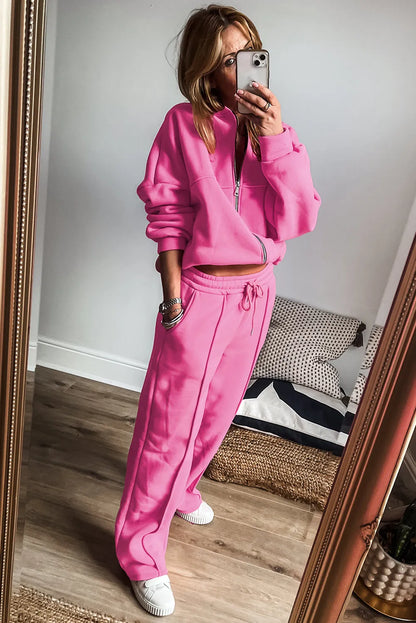 Bright Pink Solid Seamed Zipper Jacket and Drawstring Waist Pants Set - Chic Meadow Boutique 