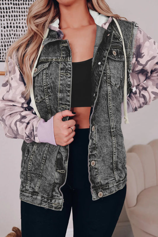 Black Camo Sleeve Hooded Buttoned Denim Jacket - Chic Meadow Boutique 