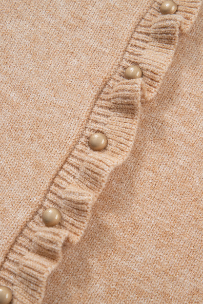 Oatmeal Ruffle Trim Gold Button Sweater Cardigan