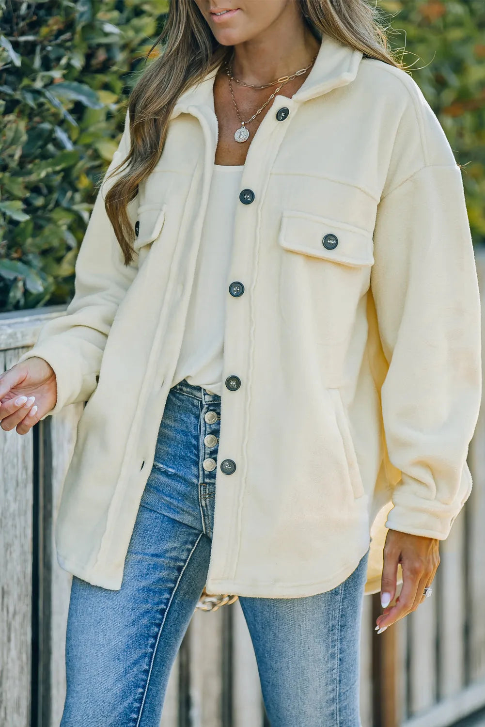 Beige Turn Down Collar Buttoned Shirt Jacket - Chic Meadow Boutique 