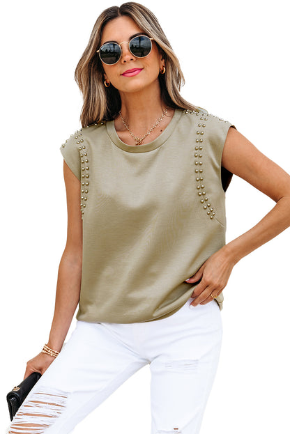 Sage Green Studded Cap Sleeve Round Neck T Shirt