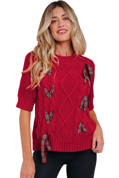 Fiery Red Plaid Lace up Detail Christmas Holiday Puff Short Sleeve Sweater