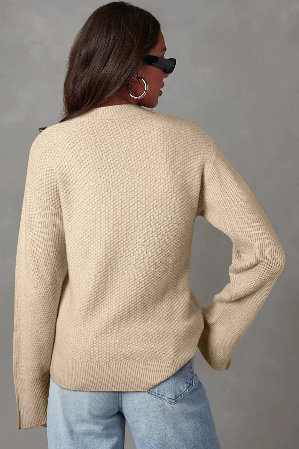 Parchment Solid Textured Knit Split Cuff Drop Shoulder Loose Sweater - Chic Meadow Boutique 