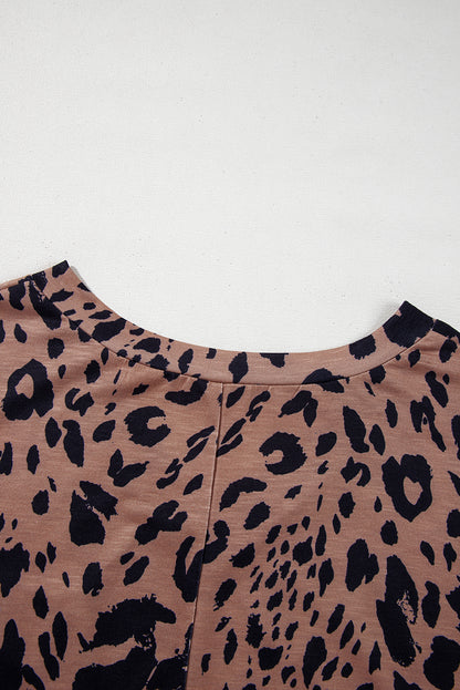 Brown Leopard Print V Neck Half Sleeve Oversized Tee