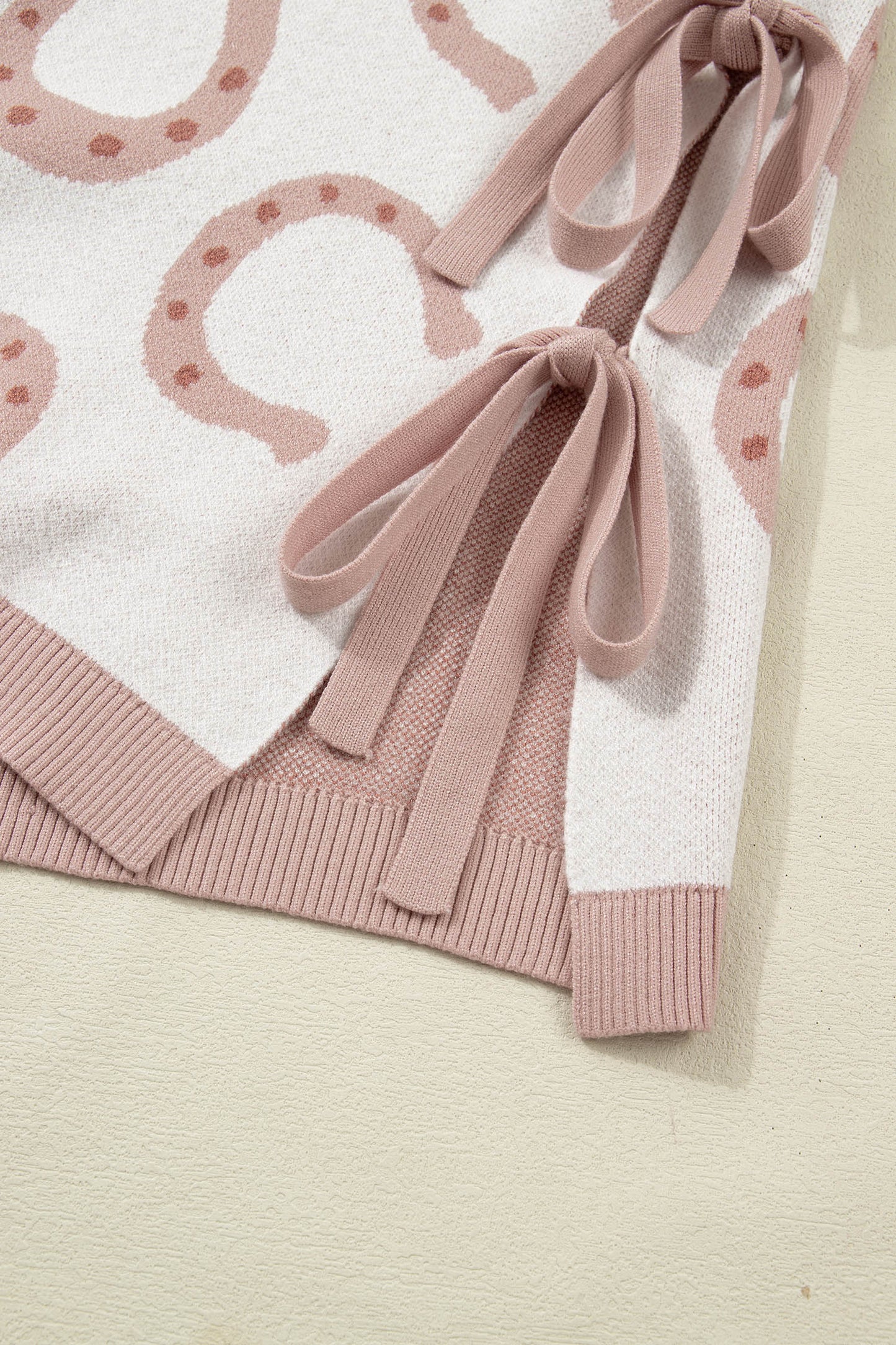 Beige Horse Shoe Western Print Tied Side Cap Sleeve Knitted T Shirt