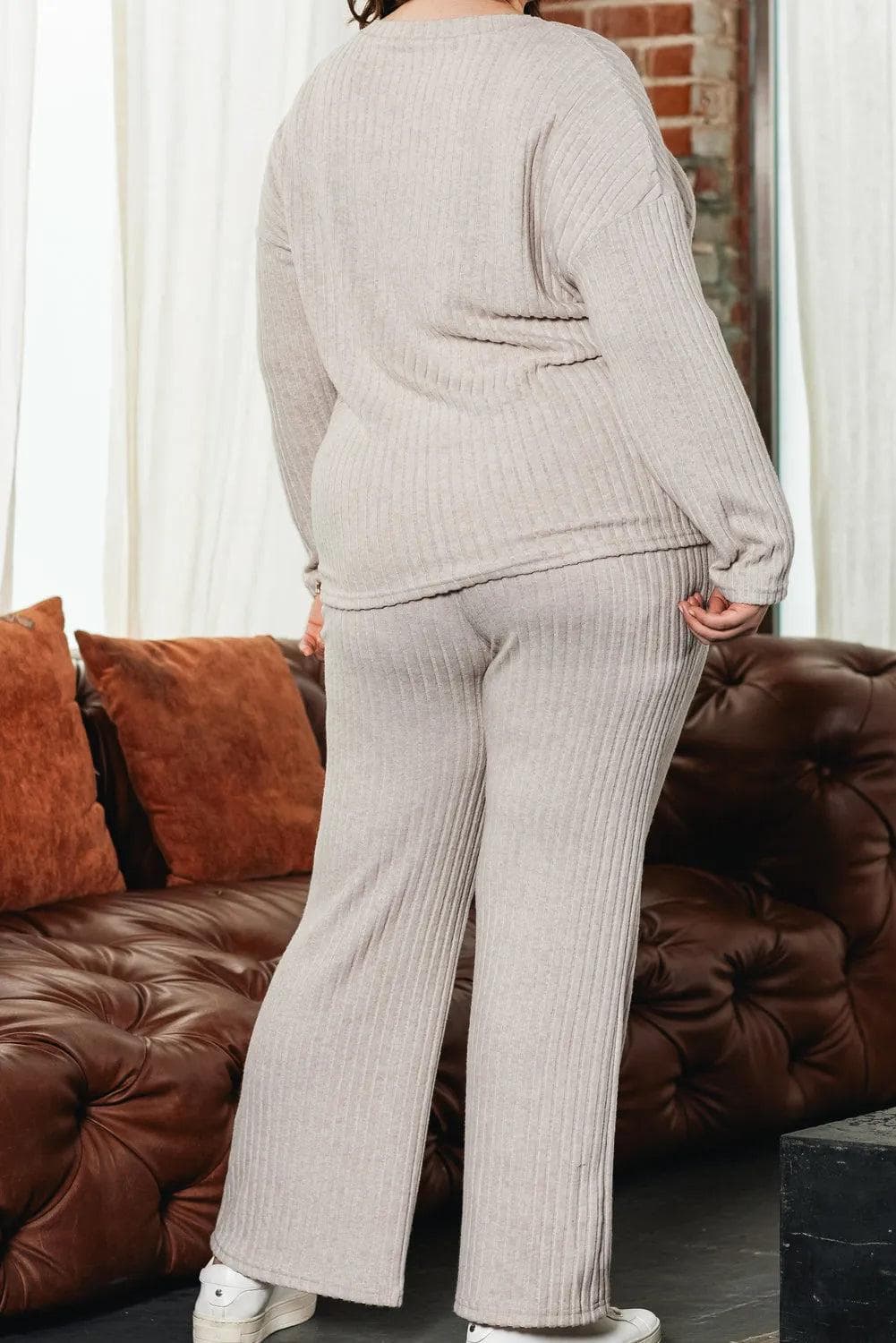 Plus Size/Plus Size Loungewear Parchment Plus Size Ribbed V Neck Pullover and Pants Set