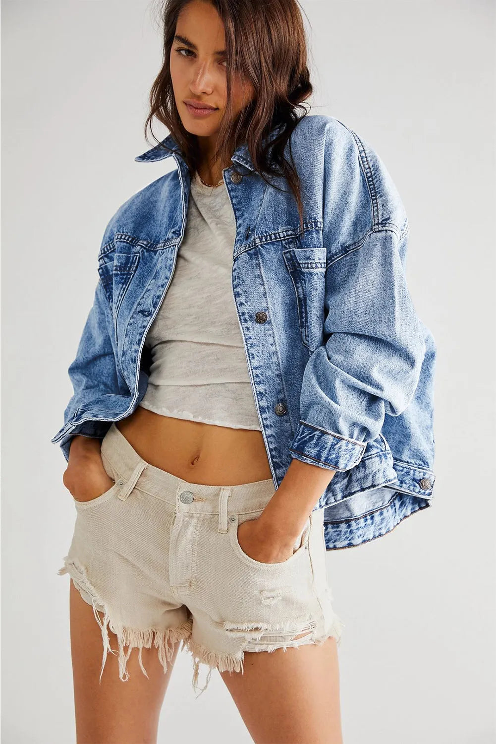 Light Blue Washed Oversize Pocketed Denim Jacket - Chic Meadow Boutique 