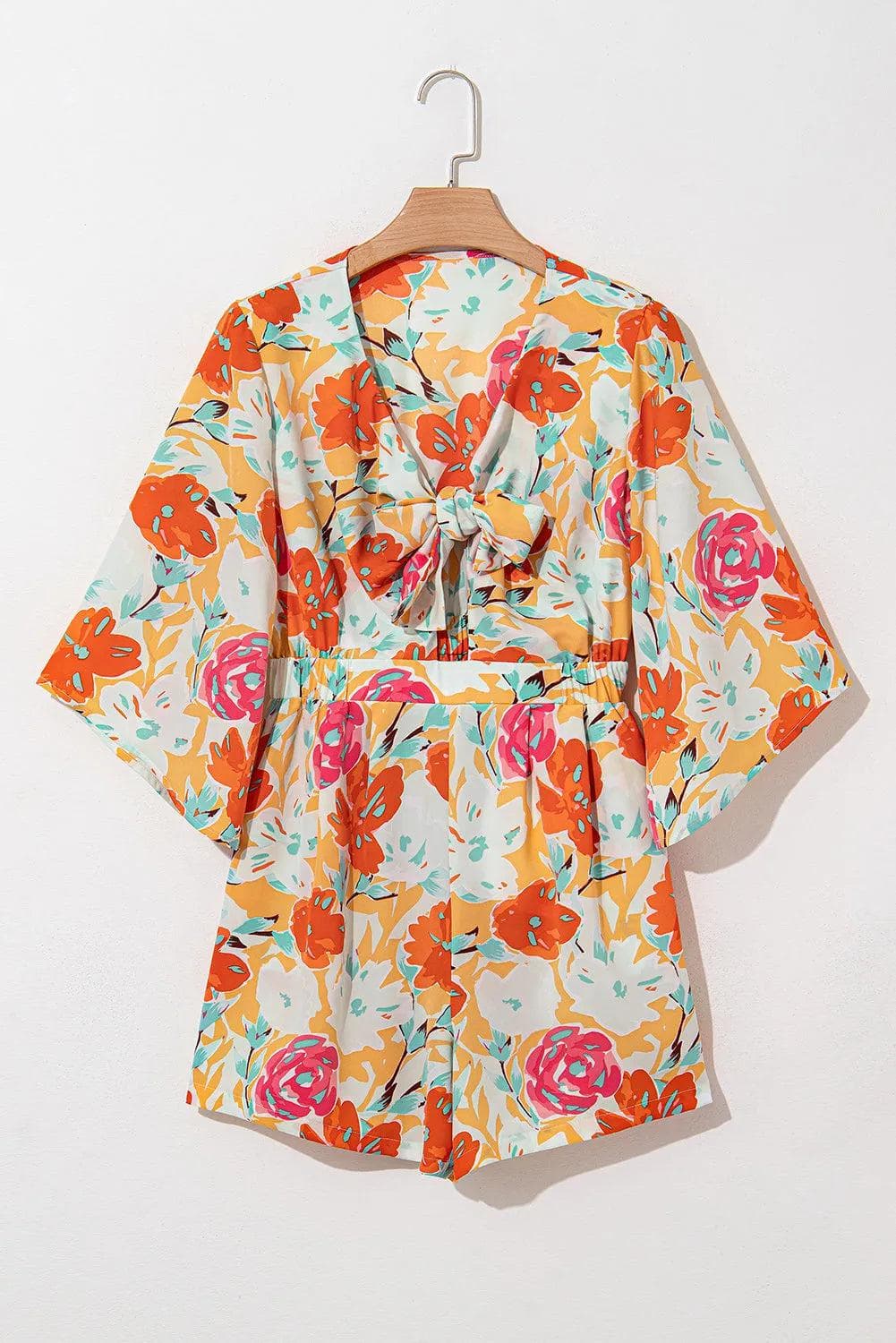 Bottoms/Jumpsuits & Rompers Orange Blooming Floral Print Front Tie Romper