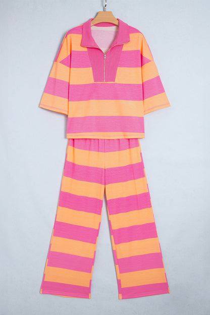 Orange Stripe Colorblock Half Sleeve Top Casual Loose Pants 2pcs Set