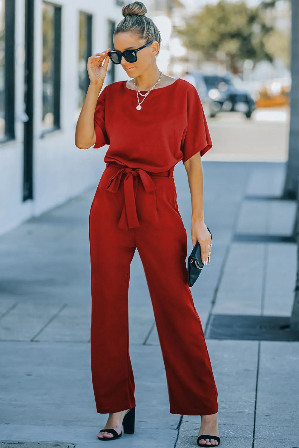 Fiery Red Belted Wide Leg Jumpsuit - Chic Meadow Boutique 