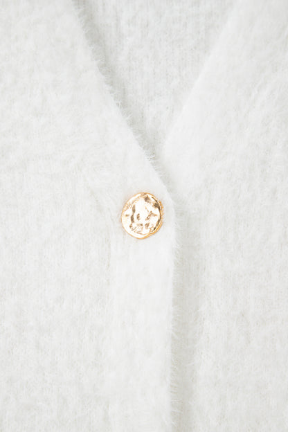 White Fuzzy Buttoned Front Midi Solid Cardigan
