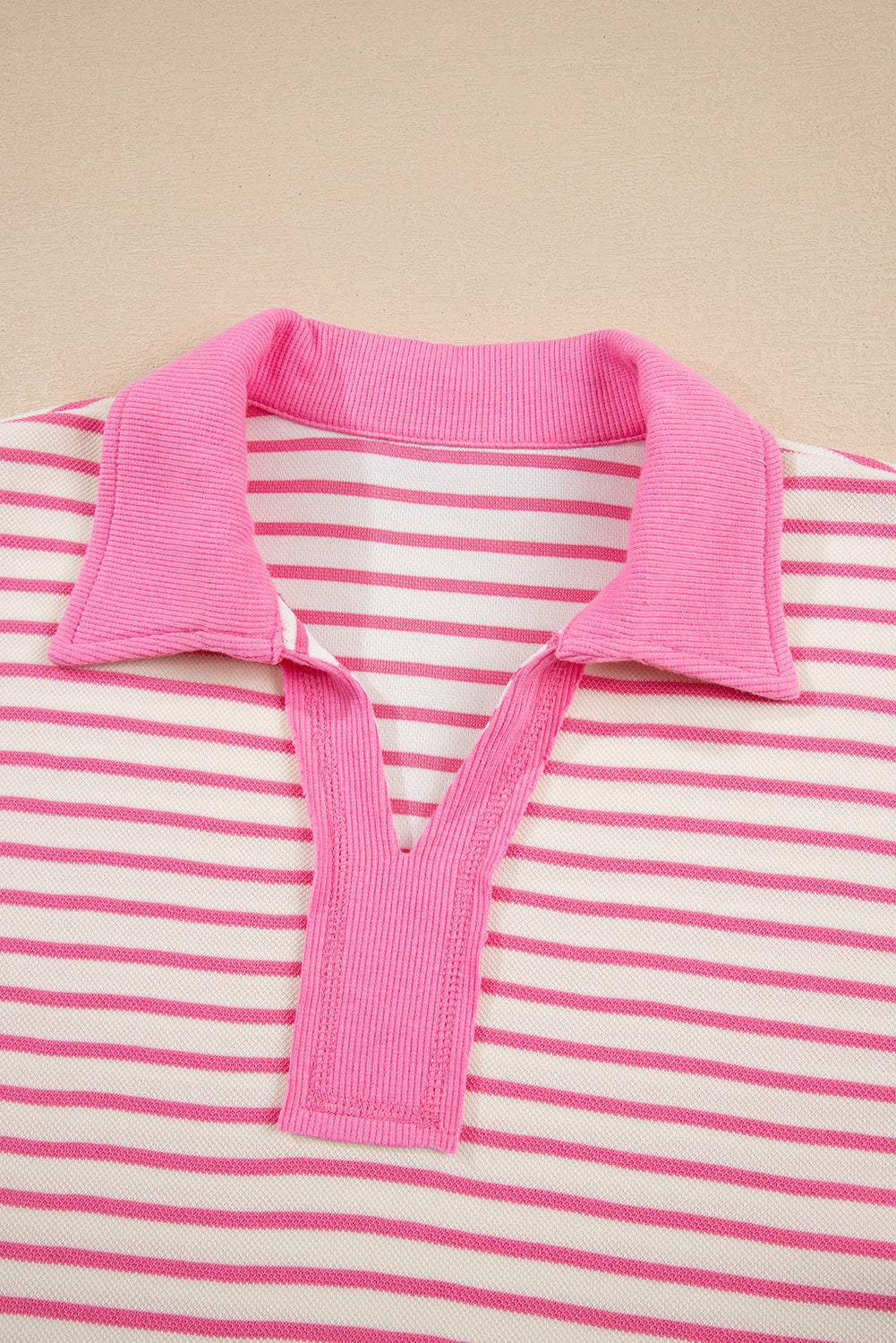Pink Stripe Collared V Neck Drop Shoulder Pullover and Skort 2pcs Outfit