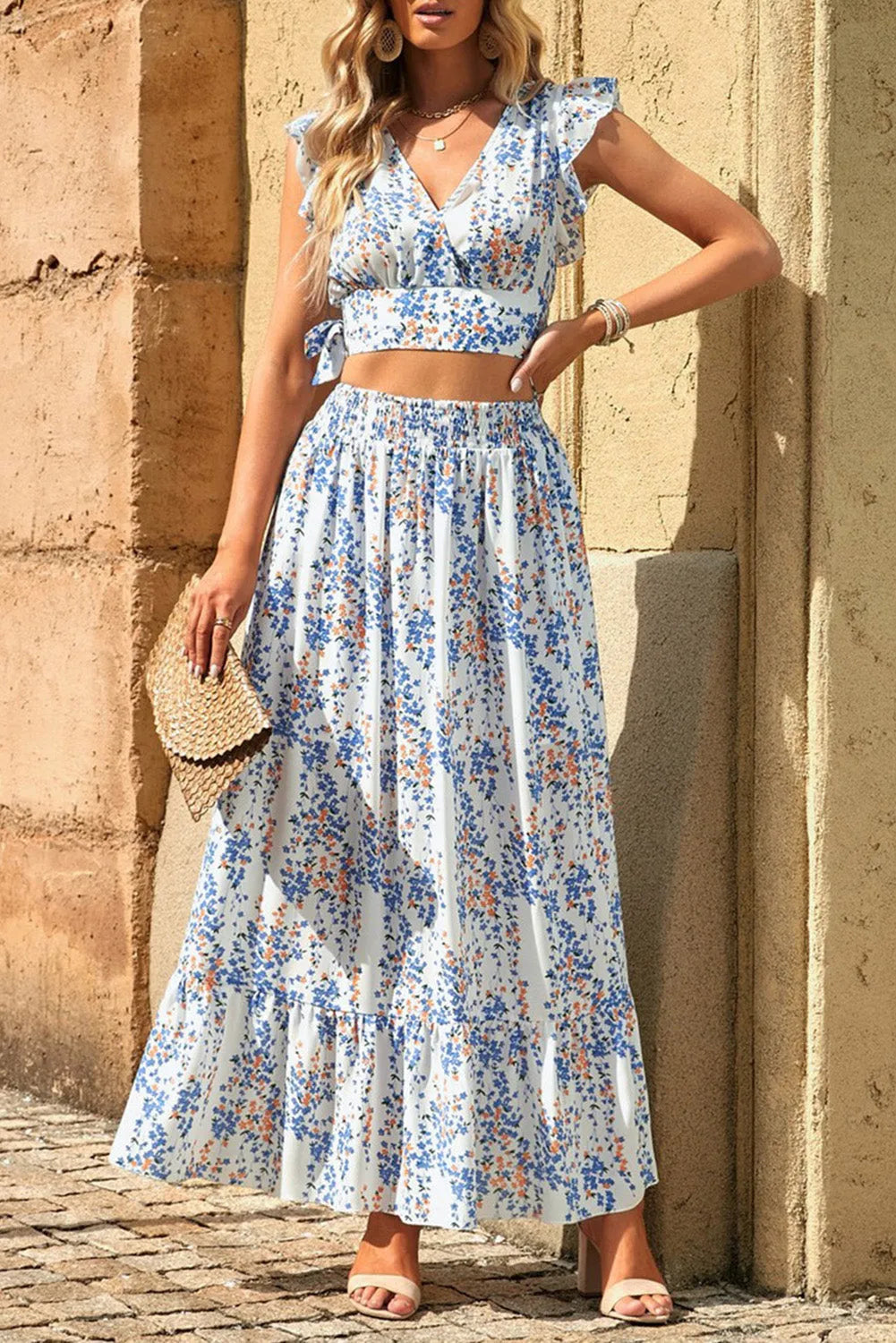 White Floral Ruffled Crop Top and Maxi Skirt Set - Chic Meadow Boutique 