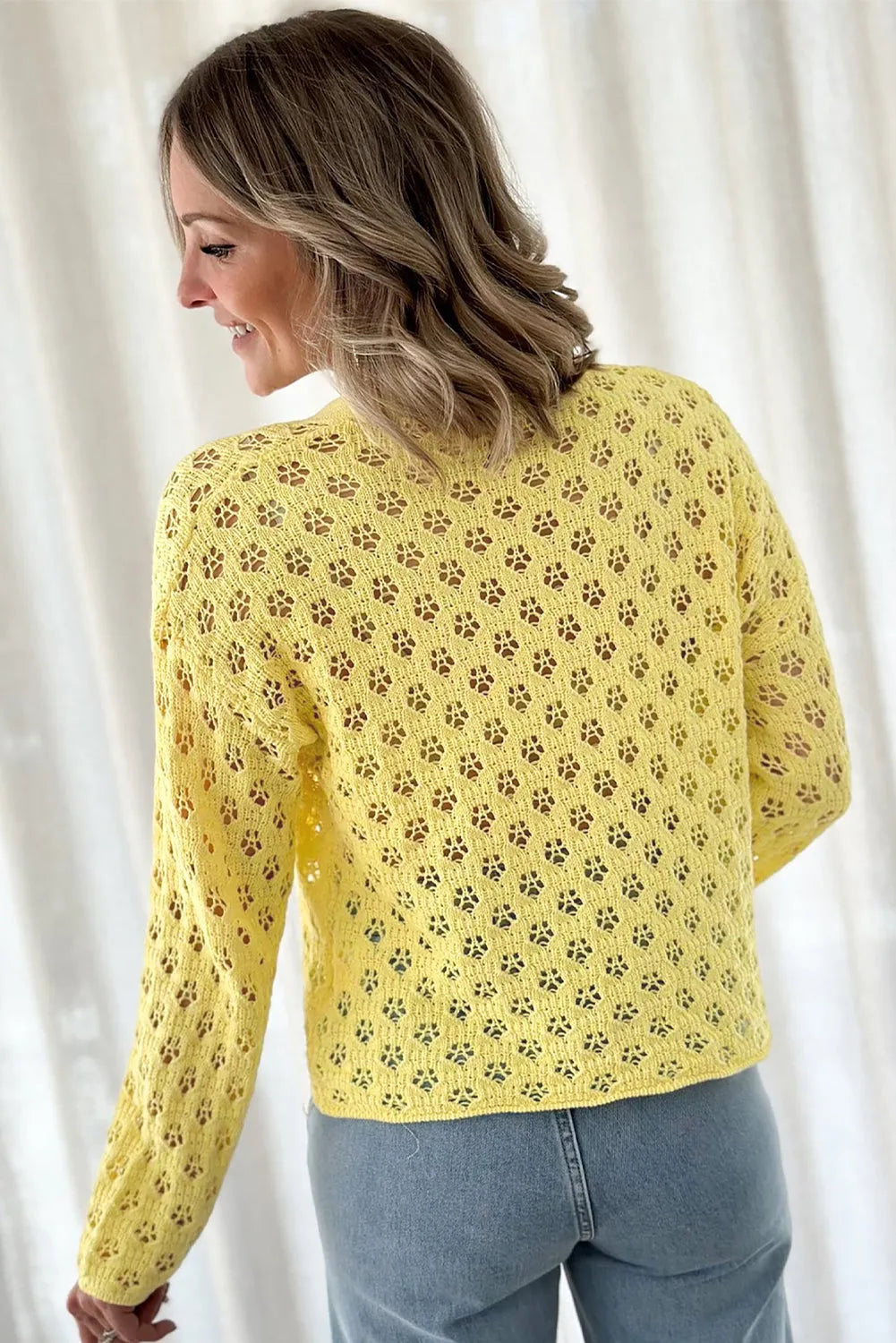 Yellow Pointelle Knit V Neck Sweater Cardigan - Chic Meadow Boutique 