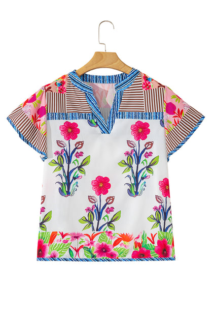 Pink Floral Striped Patchwork Short Sleeve Split Neck Blouse