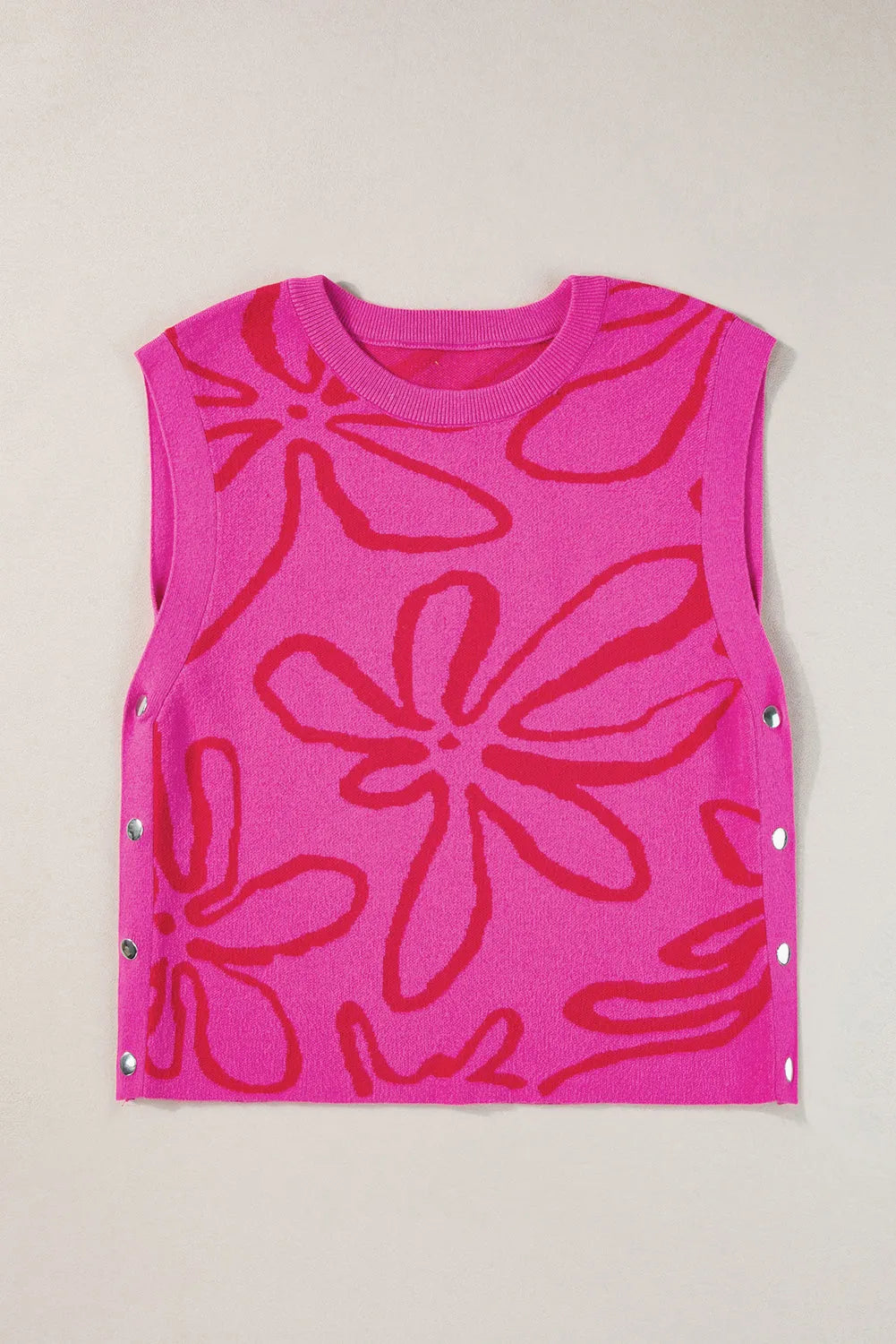 Bright Pink Button Sides Sleeveless Floral Knitted Top - Chic Meadow Boutique 