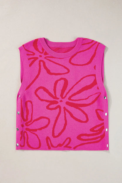 Bright Pink Button Sides Sleeveless Floral Knitted Top - Chic Meadow Boutique 