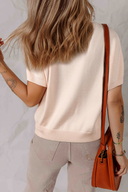 Oatmeal Pearl Bow Embellished Dolman Short Sleeve Sweater