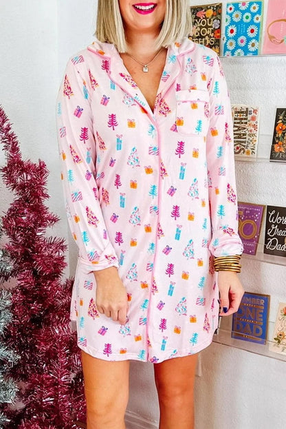 Loungewear & Sleepwear/Sleepwear Pink / S / 95%Polyester+5%Elastane Pink Christmas Twinkle Tree Print Shirt Sleep Dress