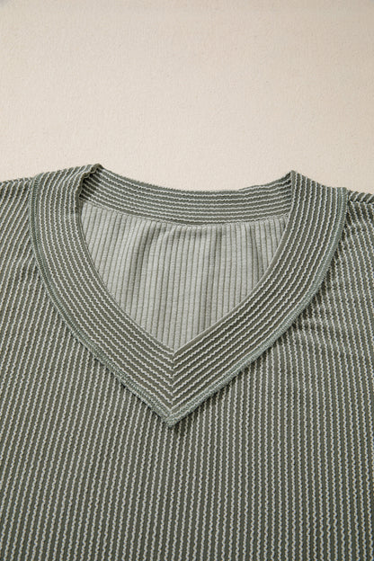 Four Leaf Clover Twisted Ribbed Exposed Seam Detail V Neck Pullover Plus Size Pant Set