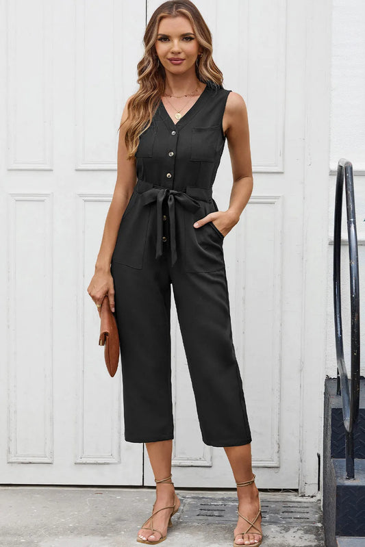 Black Buttoned Sleeveless Cropped Jumpsuit with Sash - Chic Meadow Boutique 