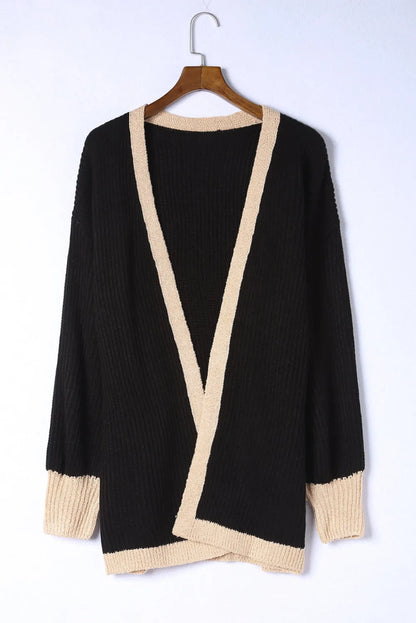 Black Contrast Trim Open Front Lantern Sleeves Cardigan - Chic Meadow Boutique 