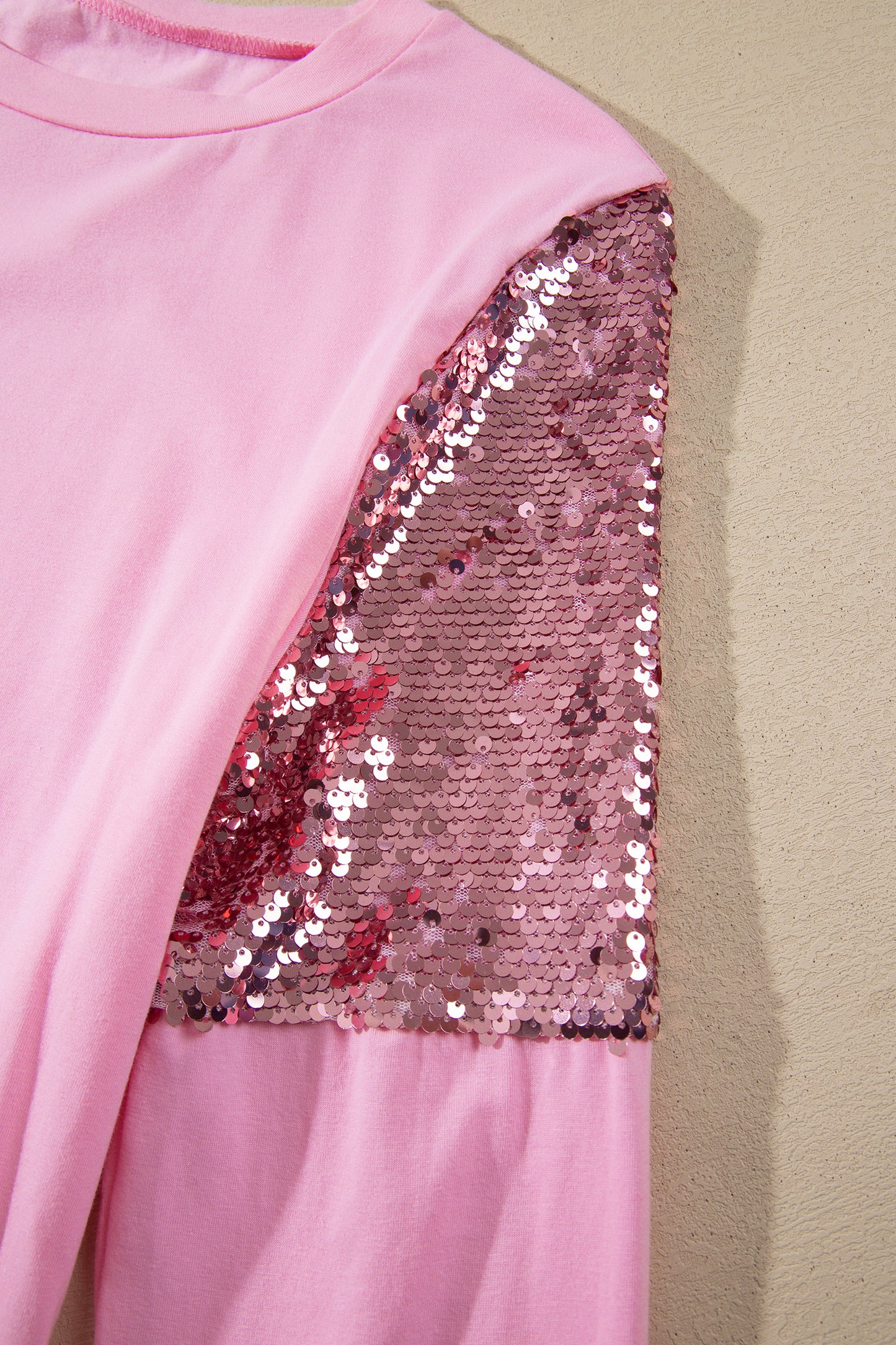 Pink Long Sleeve Sequin Round Neck Pullover Top
