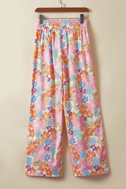 Pink Floral Smocked Waist Loose Pants - Chic Meadow Boutique 