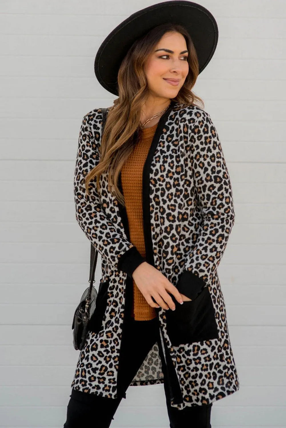 Black Leopard Patched Pocket Open Front Cardigan - Chic Meadow Boutique 