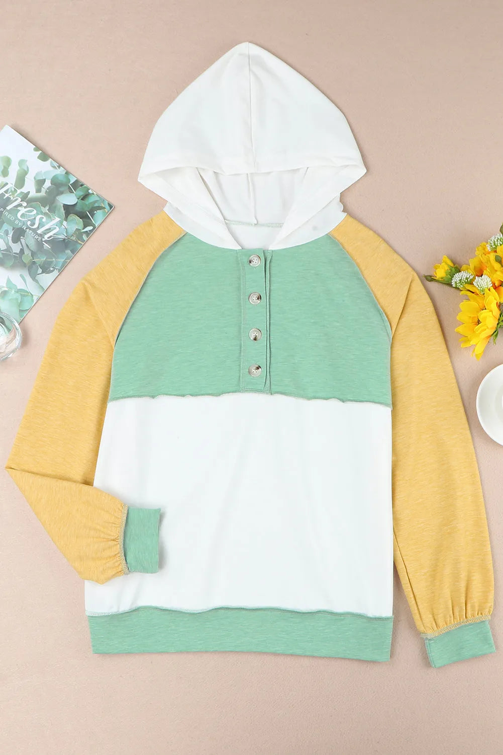 Yellow Colorblock Button Accent Pullover Hoodie - Chic Meadow Boutique 