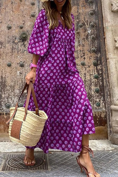 Purple Boho Printed Puff Sleeve Maxi Dress - Chic Meadow Boutique 