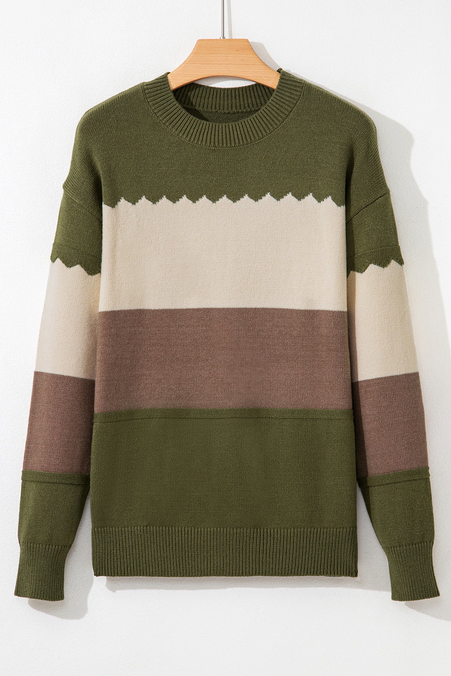 Brown Colorblock Crew Neck Drop Shoulder Sweater